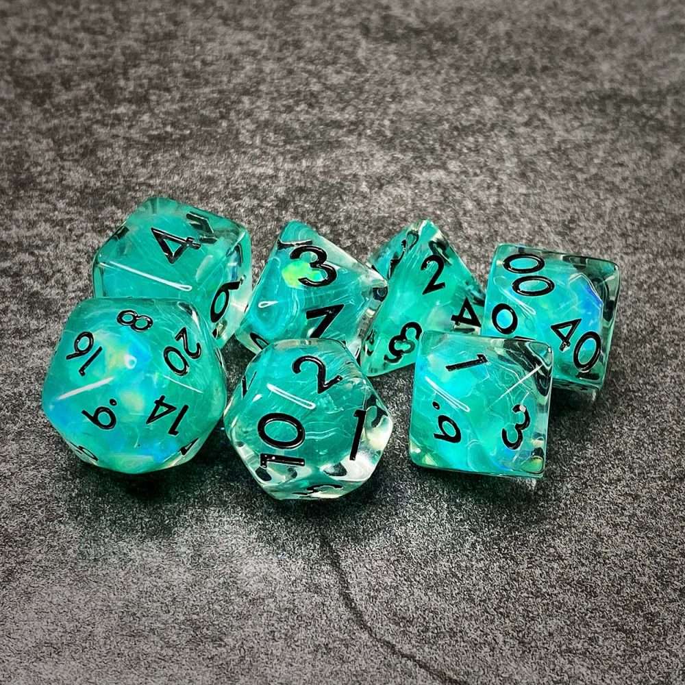 Sage's Cantrips - Teal Flakes and Black Ink Resin Polyhedral Dice Set - Sage's PortalResin Dice Set