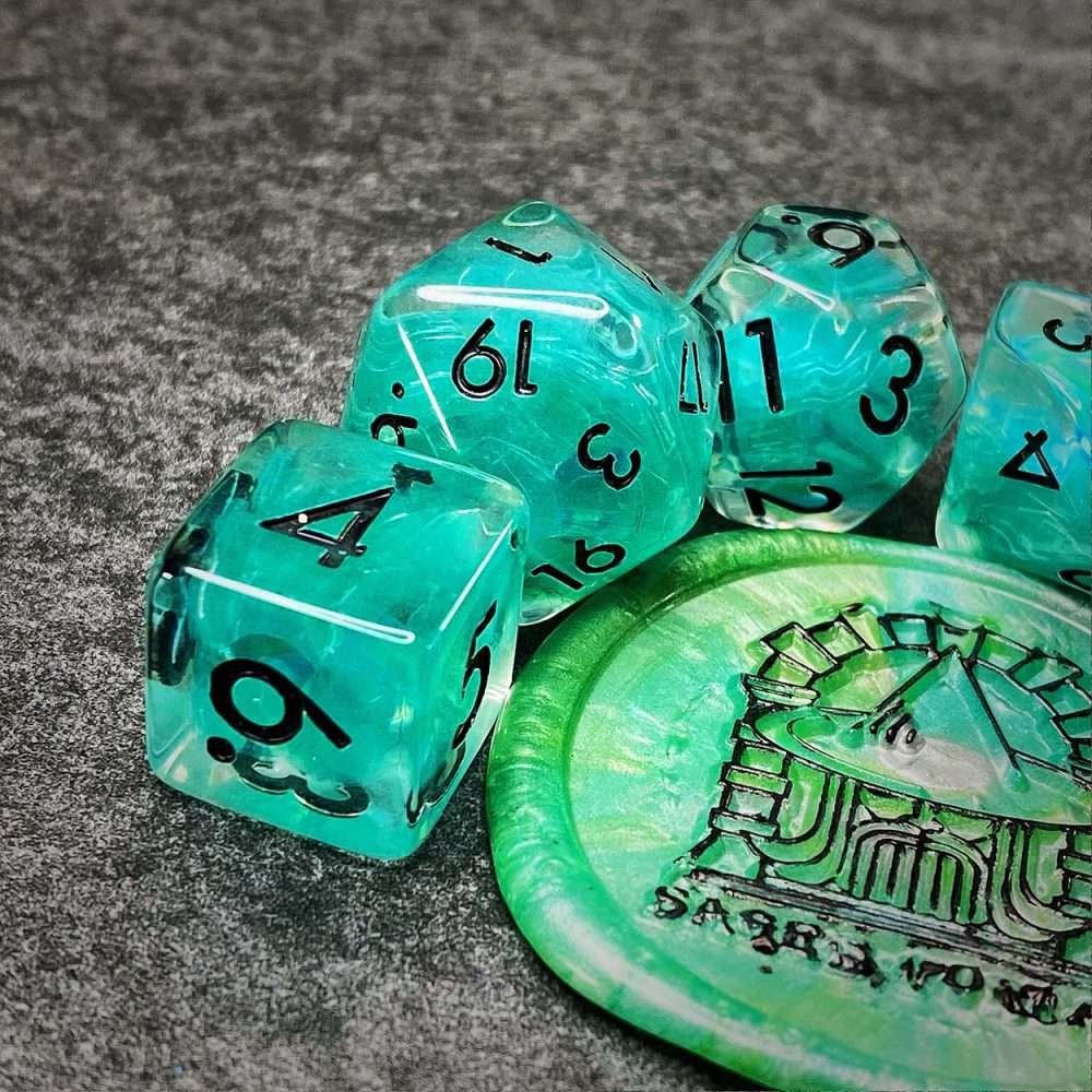 Sage's Cantrips - Teal Flakes and Black Ink Resin Polyhedral Dice Set - Sage's PortalResin Dice Set