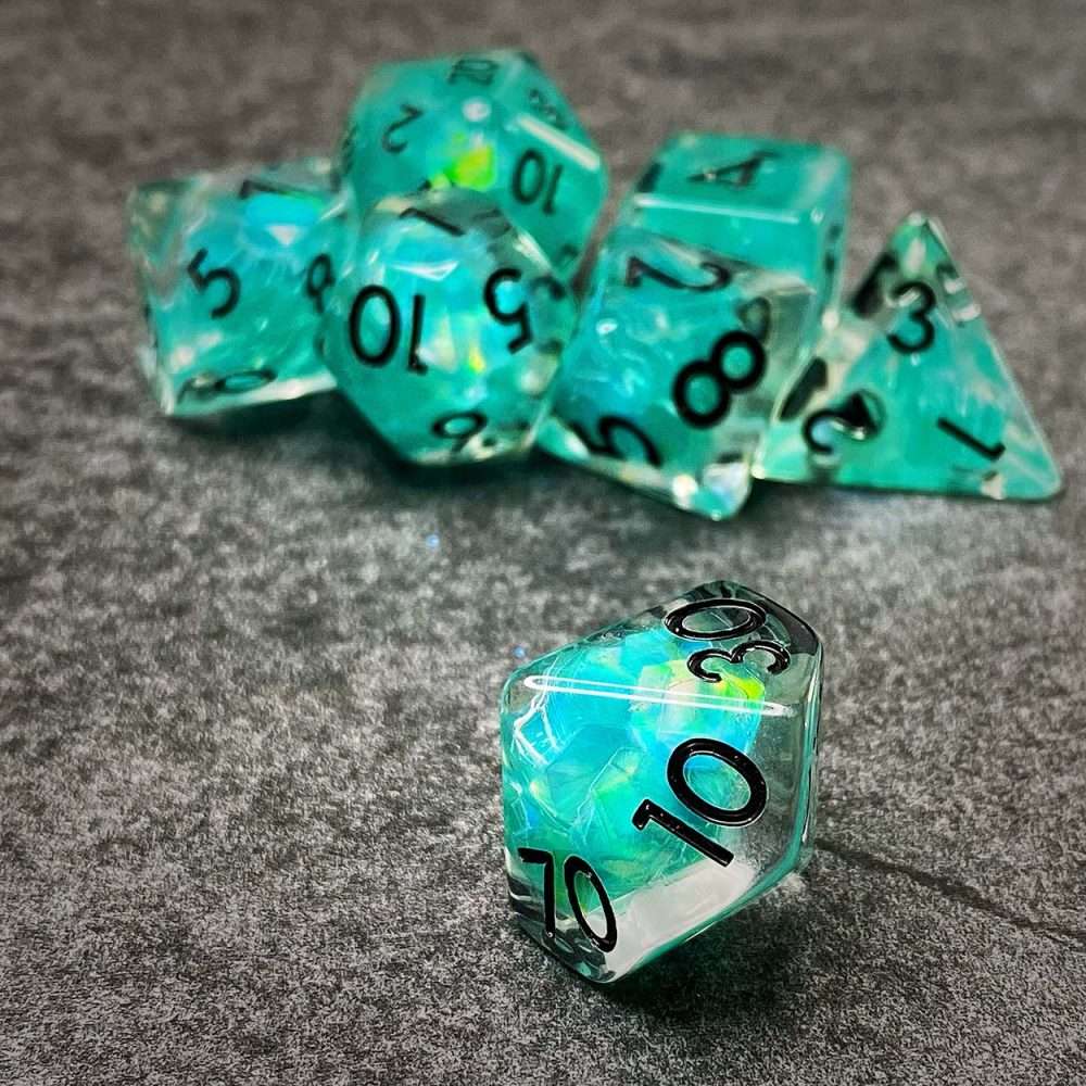 Sage's Cantrips - Teal Flakes and Black Ink Resin Polyhedral Dice Set - Sage's PortalResin Dice Set