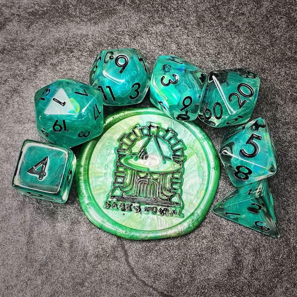 Sage's Cantrips - Teal Flakes and Black Ink Resin Polyhedral Dice Set - Sage's PortalResin Dice Set