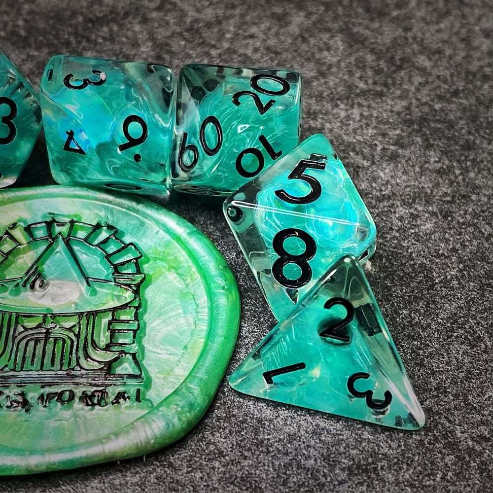Sage's Cantrips - Teal Flakes and Black Ink Resin Polyhedral Dice Set - Sage's PortalResin Dice Set