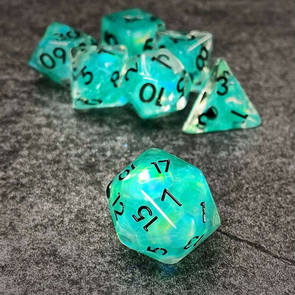 Sage's Cantrips - Teal Flakes and Black Ink Resin Polyhedral Dice Set - Sage's PortalResin Dice Set