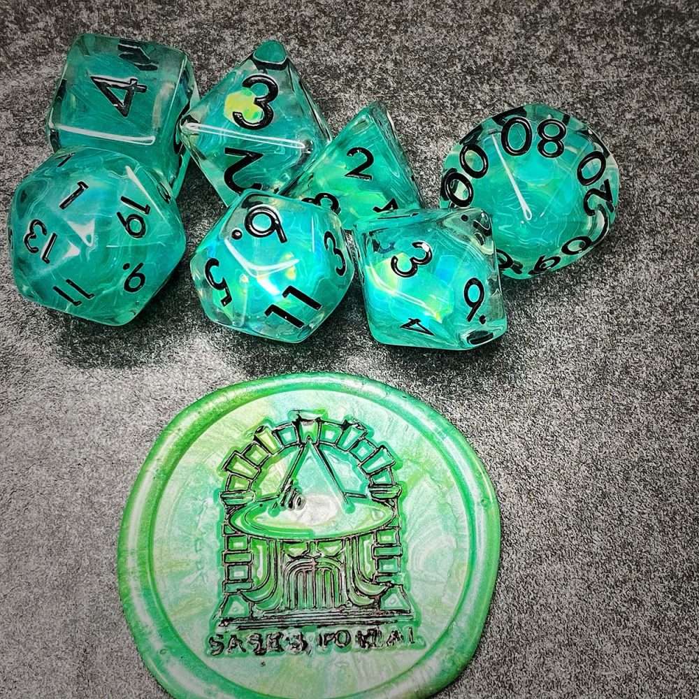 Sage's Cantrips - Teal Flakes and Black Ink Resin Polyhedral Dice Set - Sage's PortalResin Dice Set