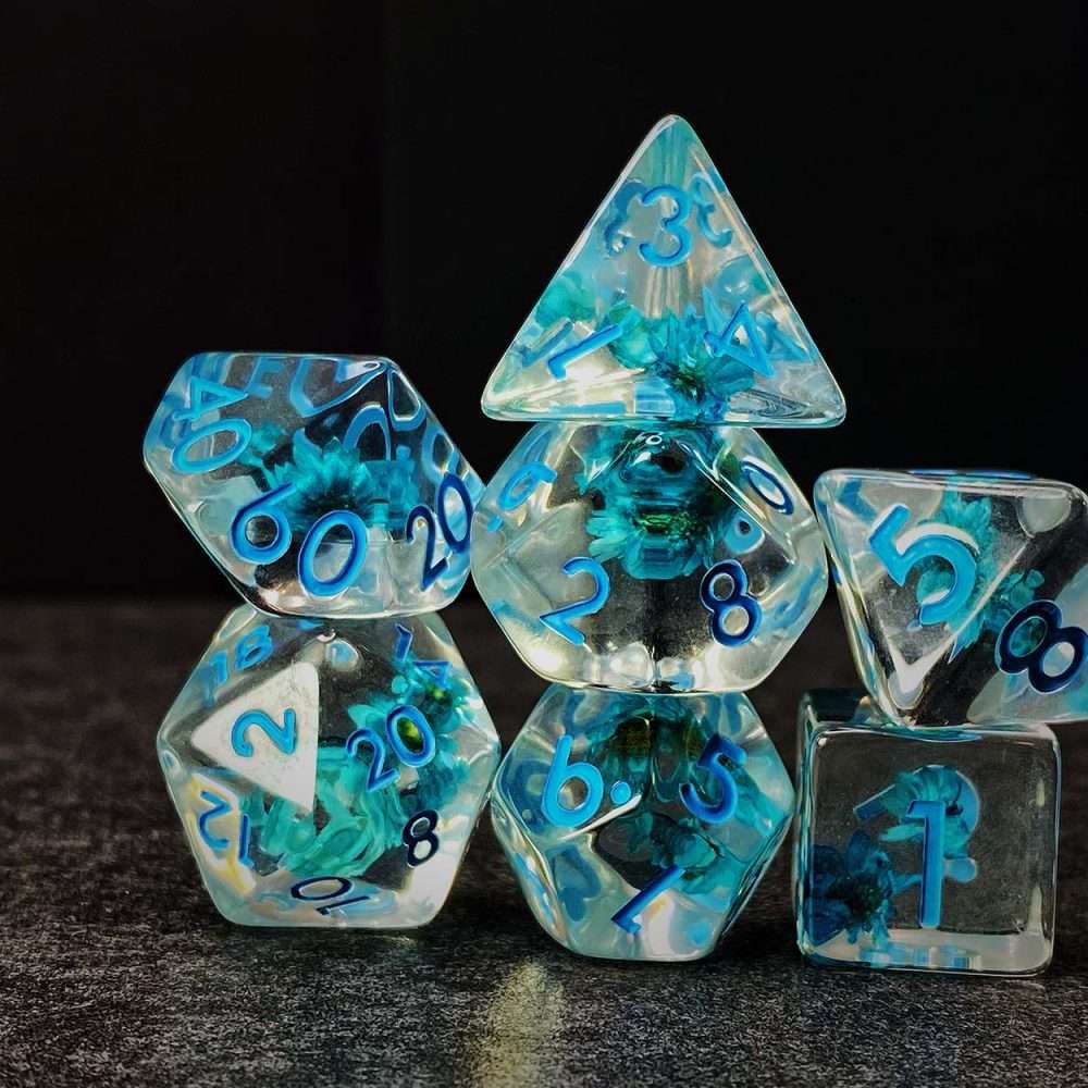 Sage's Cantrips - Transparent Blue Flowers and Blue Ink Polyhedral Dice Set - Sage's PortalResin Dice Set