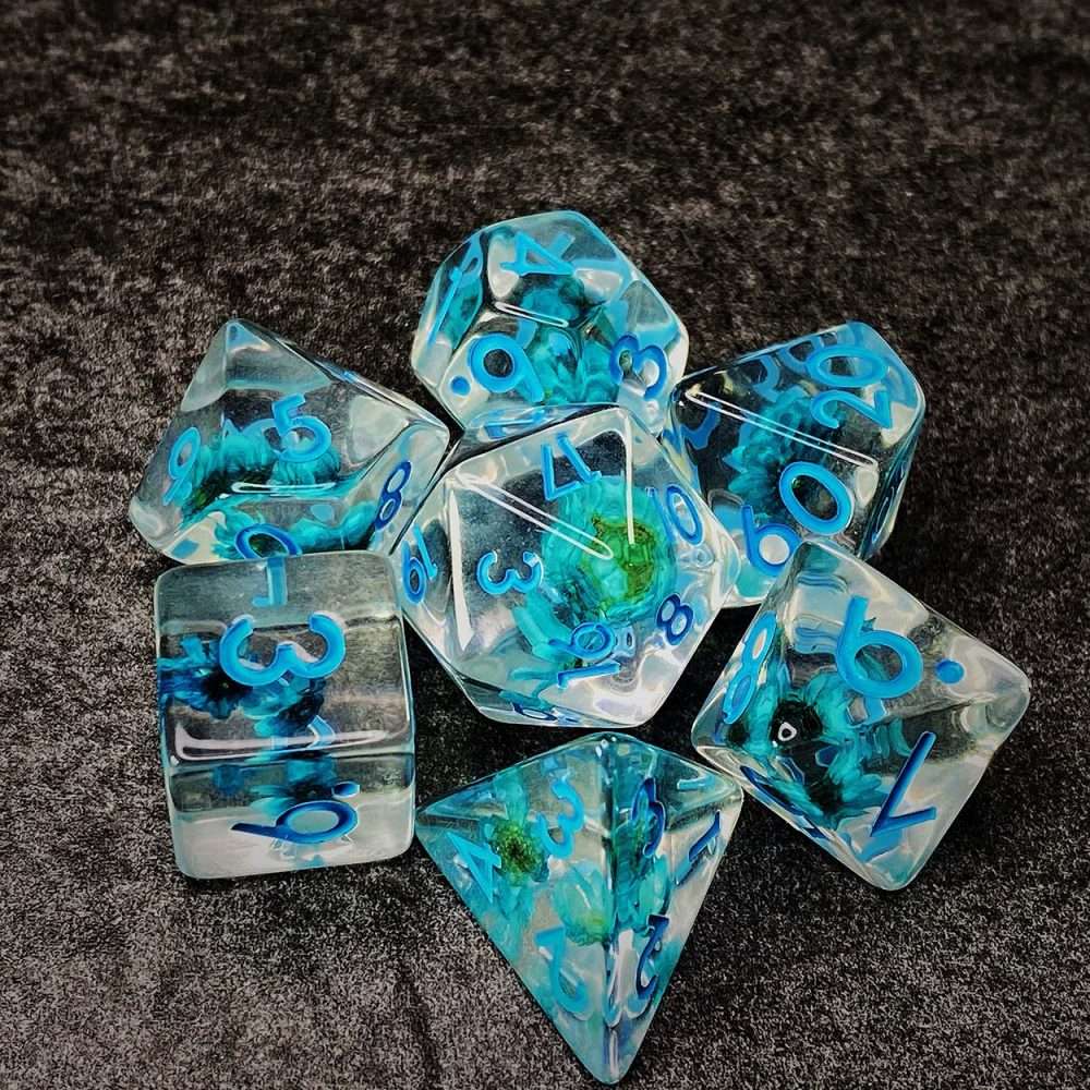Sage's Cantrips - Transparent Blue Flowers and Blue Ink Polyhedral Dice Set - Sage's PortalResin Dice Set