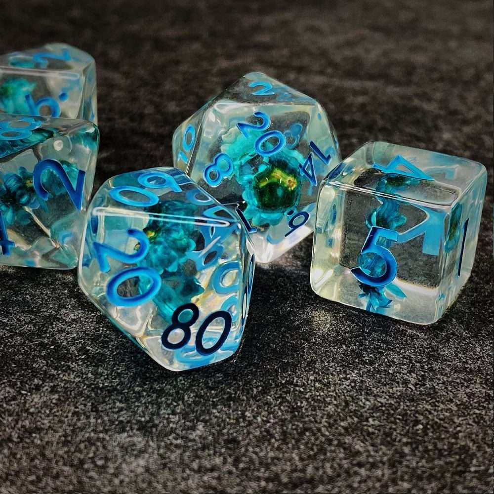 Sage's Cantrips - Transparent Blue Flowers and Blue Ink Polyhedral Dice Set - Sage's PortalResin Dice Set