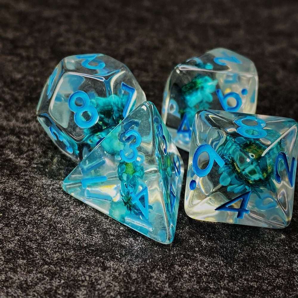 Sage's Cantrips - Transparent Blue Flowers and Blue Ink Polyhedral Dice Set - Sage's PortalResin Dice Set