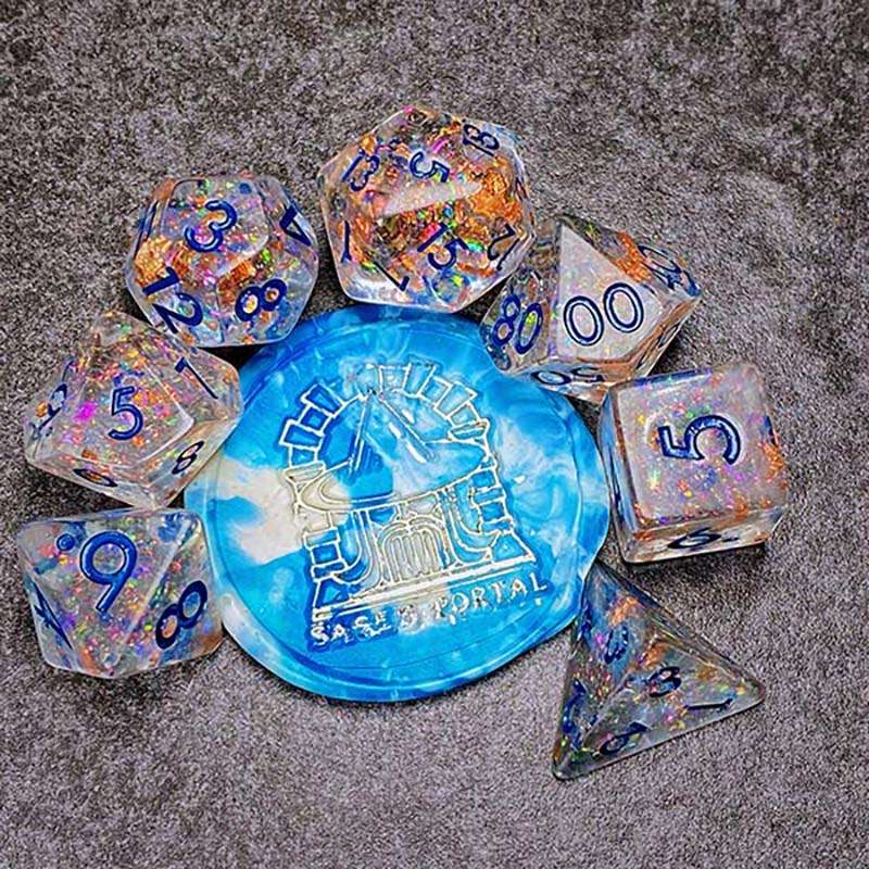 Sage's Cantrips - Transparent Glitter Copper Foil Resin Polyhedral Dice Set - Sage's PortalResin Dice Set