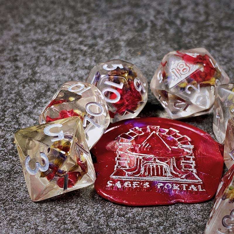 Sage's Cantrips - Transparent Lavender Red Flowers Resin Polyhedral Dice Set - Sage's PortalResin Dice Set
