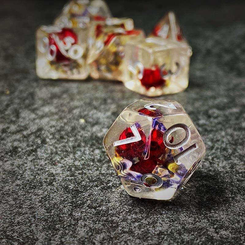Sage's Cantrips - Transparent Lavender Red Flowers Resin Polyhedral Dice Set - Sage's PortalResin Dice Set