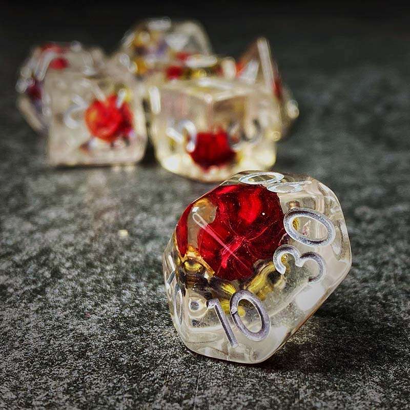 Sage's Cantrips - Transparent Lavender Red Flowers Resin Polyhedral Dice Set - Sage's PortalResin Dice Set