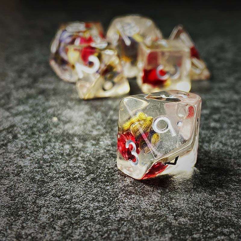 Sage's Cantrips - Transparent Lavender Red Flowers Resin Polyhedral Dice Set - Sage's PortalResin Dice Set