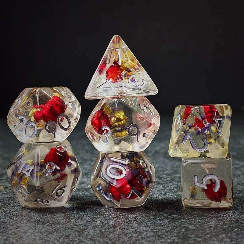 Sage's Cantrips - Transparent Lavender Red Flowers Resin Polyhedral Dice Set - Sage's PortalResin Dice Set