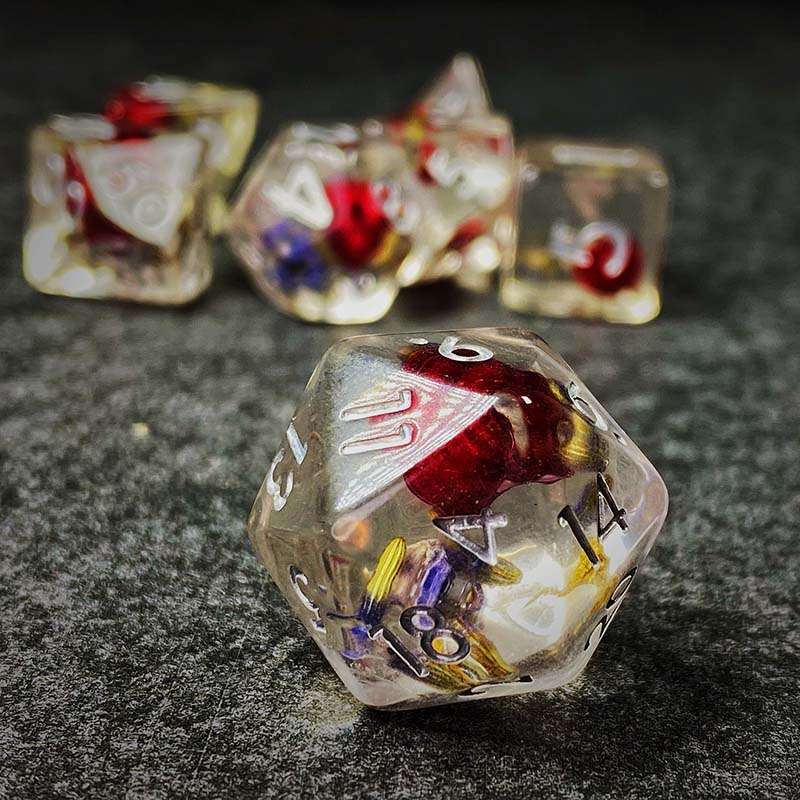 Sage's Cantrips - Transparent Lavender Red Flowers Resin Polyhedral Dice Set - Sage's PortalResin Dice Set