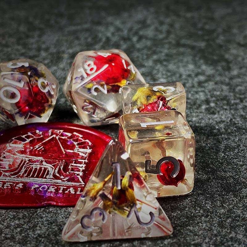 Sage's Cantrips - Transparent Lavender Red Flowers Resin Polyhedral Dice Set - Sage's PortalResin Dice Set