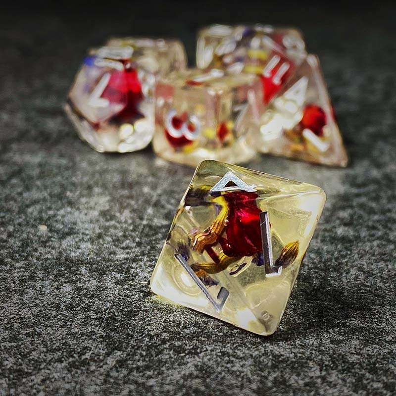 Sage's Cantrips - Transparent Lavender Red Flowers Resin Polyhedral Dice Set - Sage's PortalResin Dice Set
