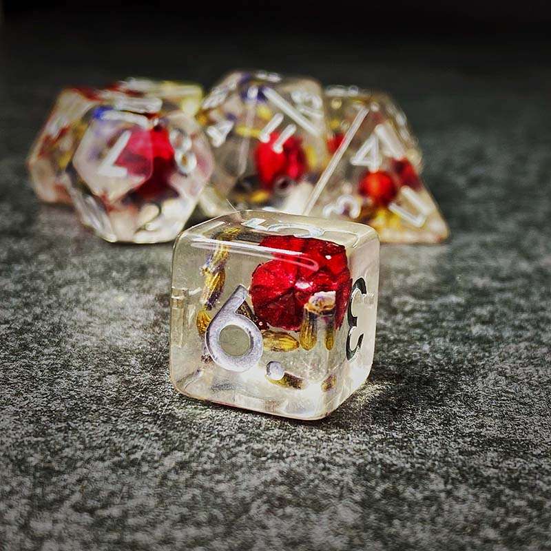 Sage's Cantrips - Transparent Lavender Red Flowers Resin Polyhedral Dice Set - Sage's PortalResin Dice Set