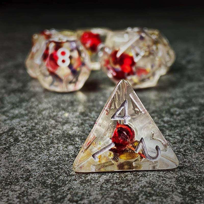 Sage's Cantrips - Transparent Lavender Red Flowers Resin Polyhedral Dice Set - Sage's PortalResin Dice Set