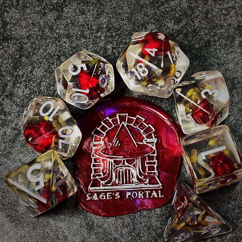 Sage's Cantrips - Transparent Lavender Red Flowers Resin Polyhedral Dice Set - Sage's PortalResin Dice Set