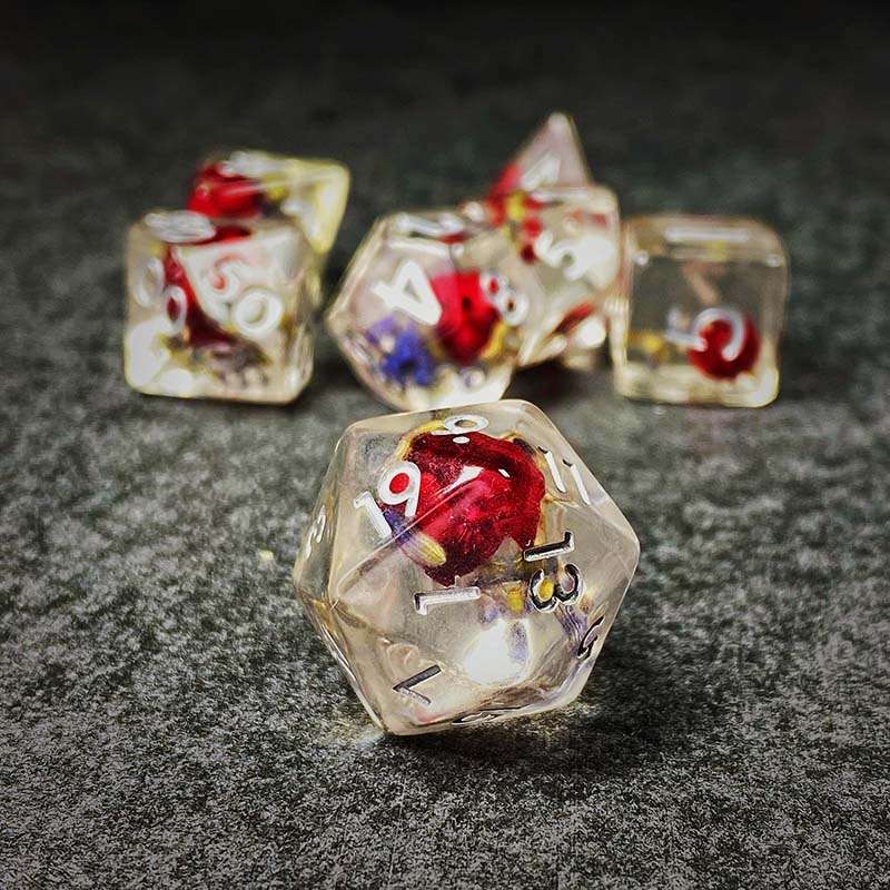 Sage's Cantrips - Transparent Lavender Red Flowers Resin Polyhedral Dice Set - Sage's PortalResin Dice Set