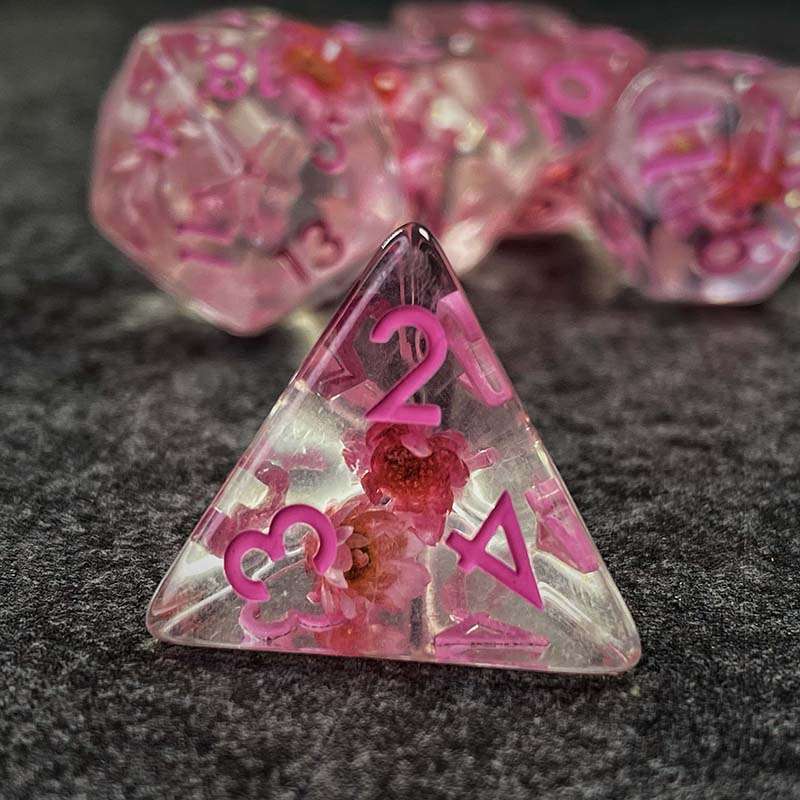 Sage's Cantrips - Transparent Pink Flowers and Pink Ink Resin Polyhedral Dice Set - Sage's PortalResin Dice Set