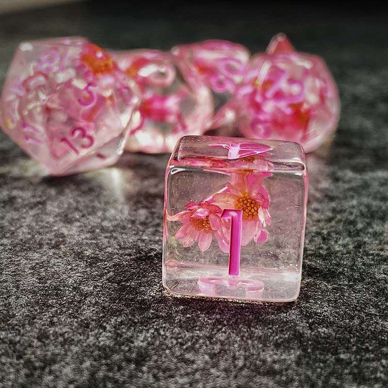 Sage's Cantrips - Transparent Pink Flowers and Pink Ink Resin Polyhedral Dice Set - Sage's PortalResin Dice Set