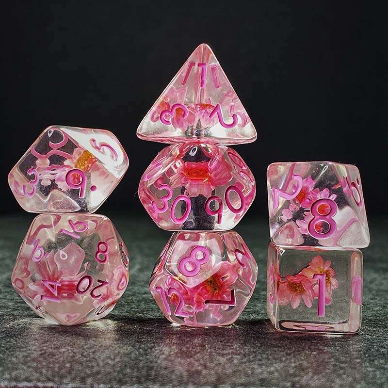 Sage's Cantrips - Transparent Pink Flowers and Pink Ink Resin Polyhedral Dice Set - Sage's PortalResin Dice Set