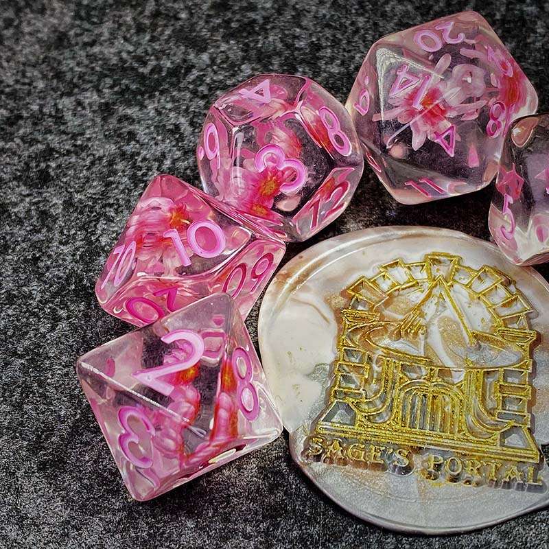 Sage's Cantrips - Transparent Pink Flowers and Pink Ink Resin Polyhedral Dice Set - Sage's PortalResin Dice Set