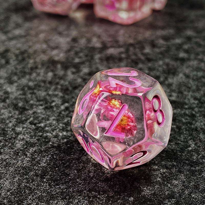 Sage's Cantrips - Transparent Pink Flowers and Pink Ink Resin Polyhedral Dice Set - Sage's PortalResin Dice Set