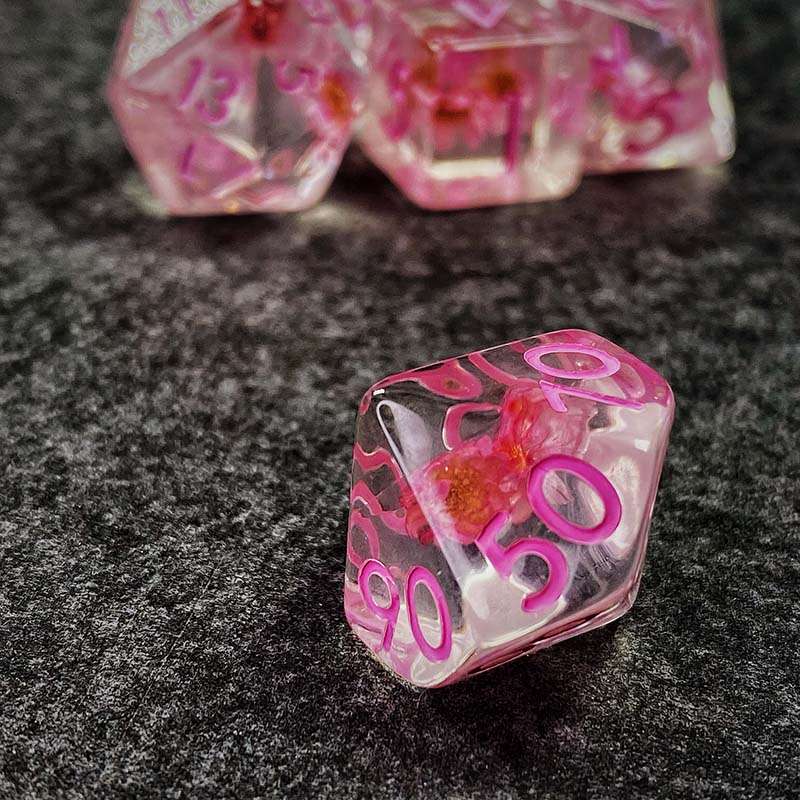 Sage's Cantrips - Transparent Pink Flowers and Pink Ink Resin Polyhedral Dice Set - Sage's PortalResin Dice Set