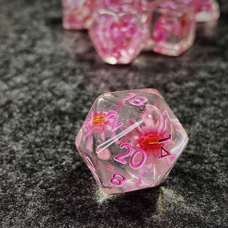 Sage's Cantrips - Transparent Pink Flowers and Pink Ink Resin Polyhedral Dice Set - Sage's PortalResin Dice Set