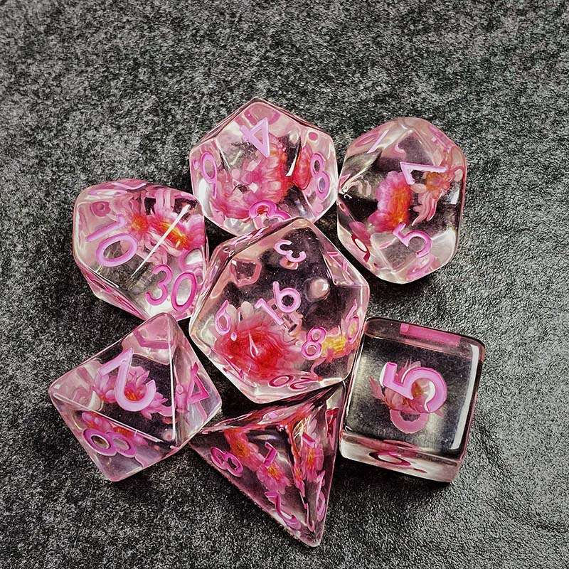 Sage's Cantrips - Transparent Pink Flowers and Pink Ink Resin Polyhedral Dice Set - Sage's PortalResin Dice Set