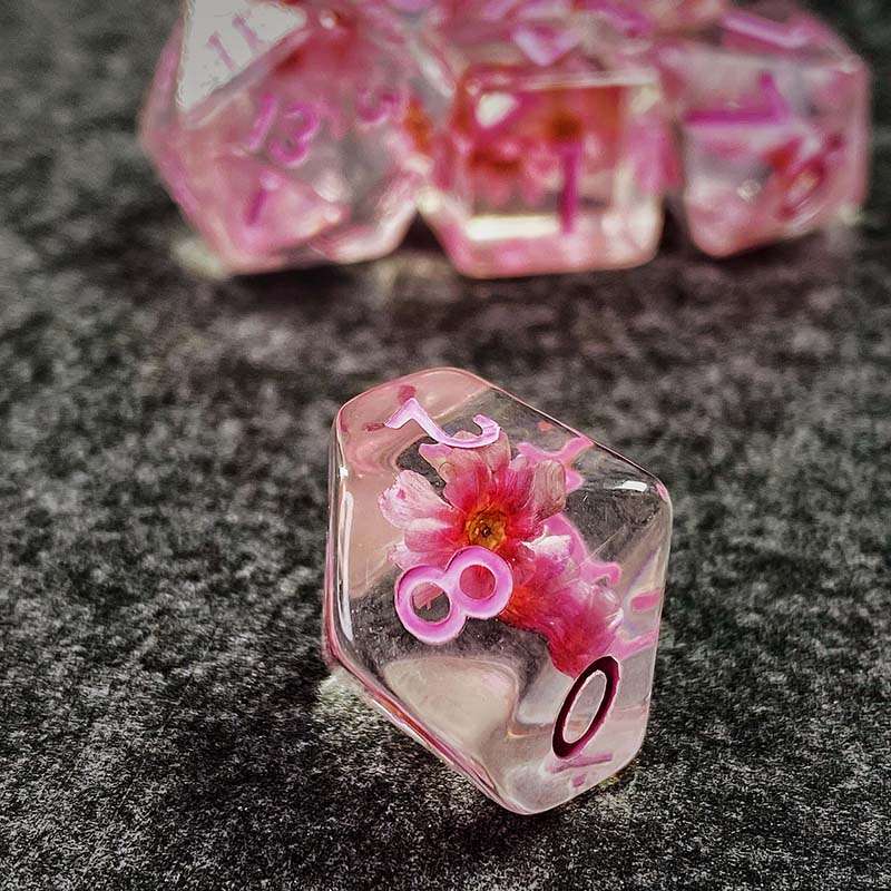 Sage's Cantrips - Transparent Pink Flowers and Pink Ink Resin Polyhedral Dice Set - Sage's PortalResin Dice Set