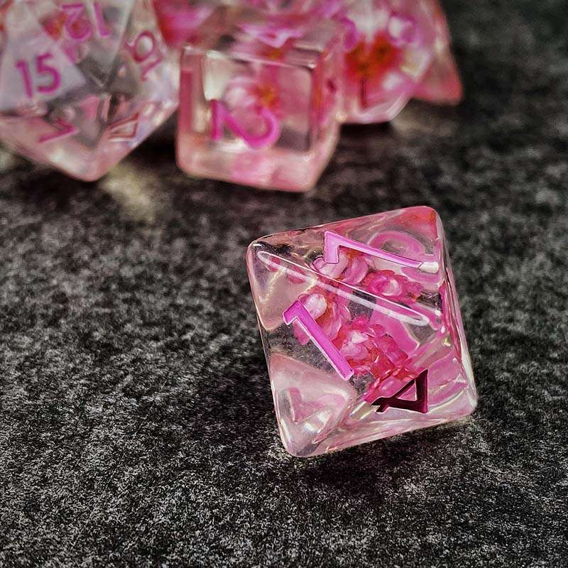 Sage's Cantrips - Transparent Pink Flowers and Pink Ink Resin Polyhedral Dice Set - Sage's PortalResin Dice Set