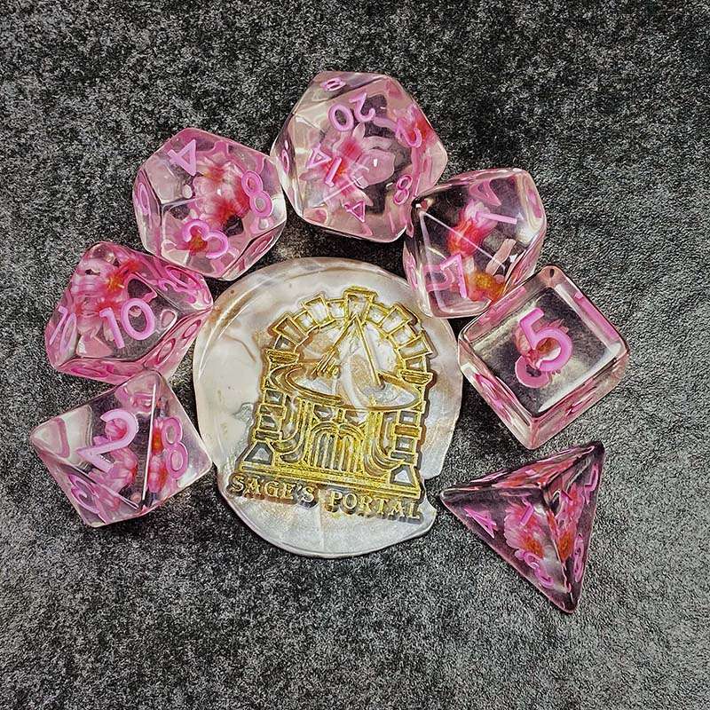 Sage's Cantrips - Transparent Pink Flowers and Pink Ink Resin Polyhedral Dice Set - Sage's PortalResin Dice Set