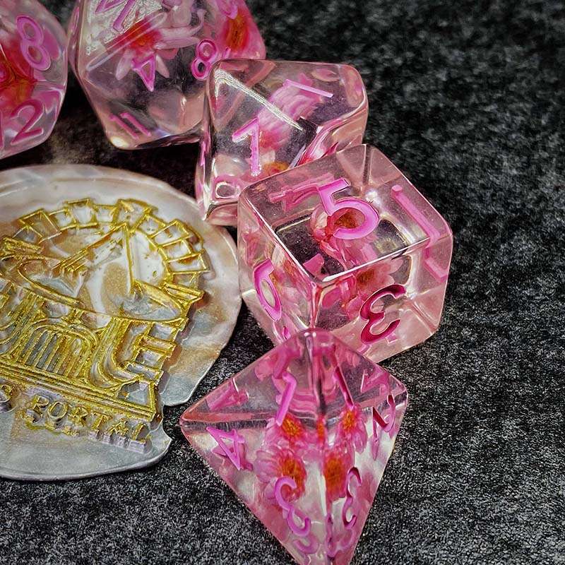 Sage's Cantrips - Transparent Pink Flowers and Pink Ink Resin Polyhedral Dice Set - Sage's PortalResin Dice Set