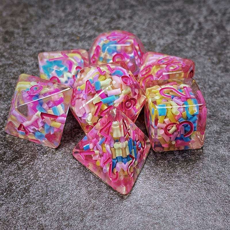 Sage's Cantrips - Transparent Sprinkles Pink Ink Polyhedral Dice Set - Sage's PortalResin Dice Set