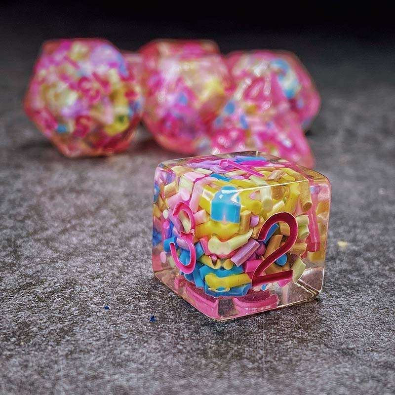 Sage's Cantrips - Transparent Sprinkles Pink Ink Polyhedral Dice Set - Sage's PortalResin Dice Set