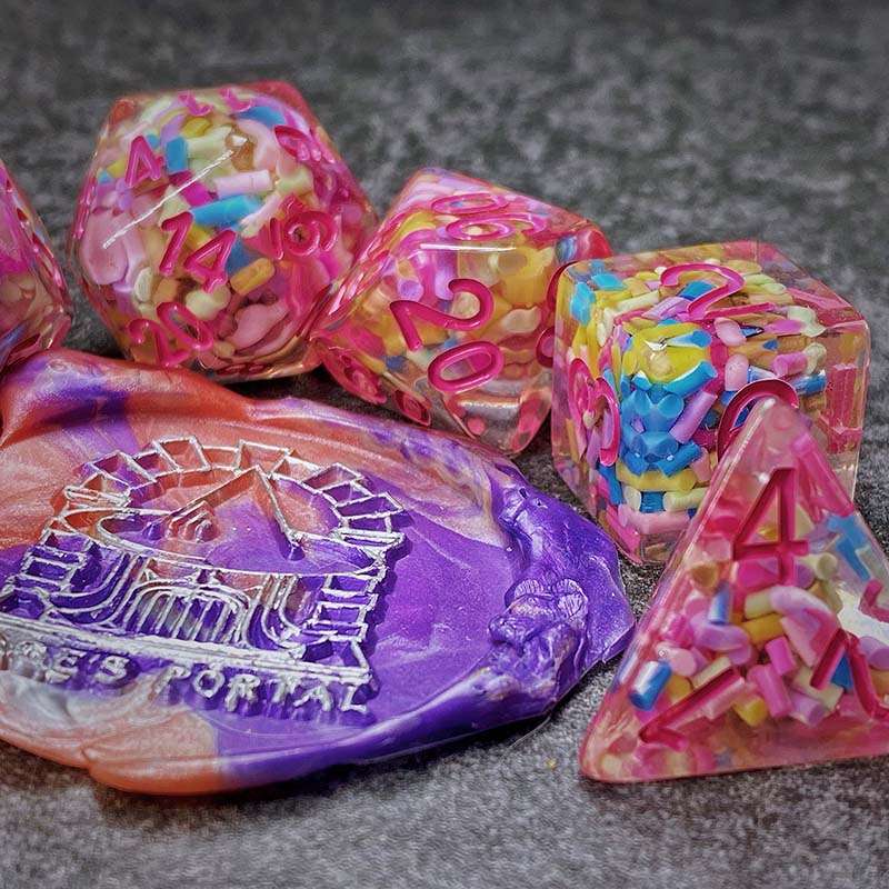 Sage's Cantrips - Transparent Sprinkles Pink Ink Polyhedral Dice Set - Sage's PortalResin Dice Set