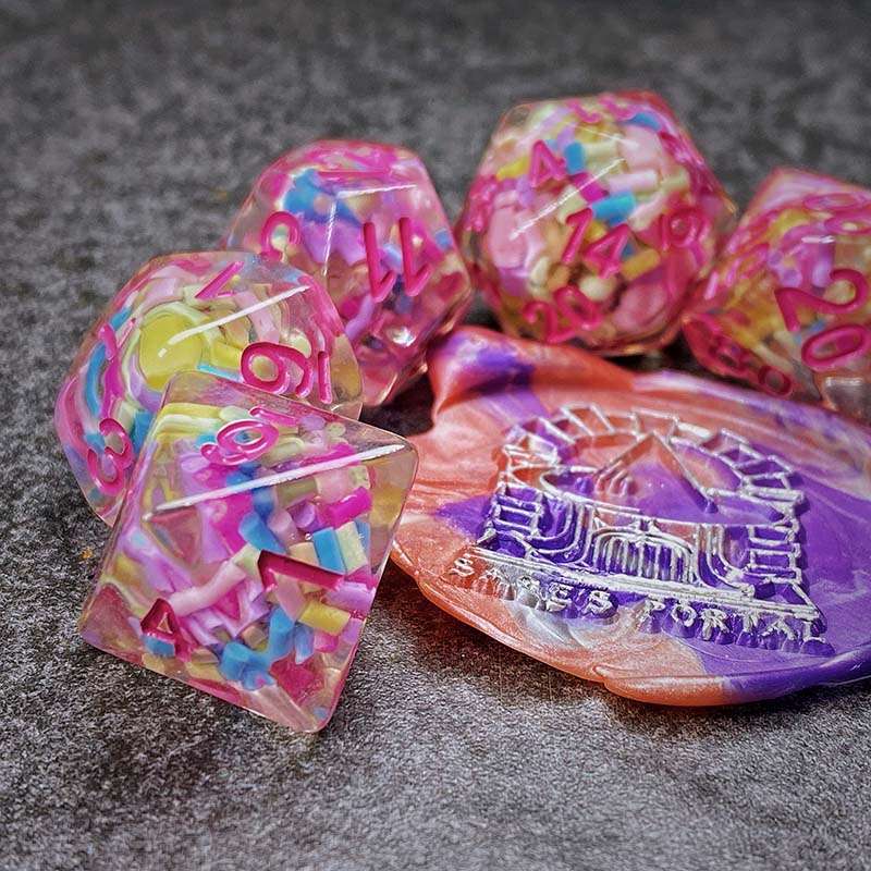 Sage's Cantrips - Transparent Sprinkles Pink Ink Polyhedral Dice Set - Sage's PortalResin Dice Set