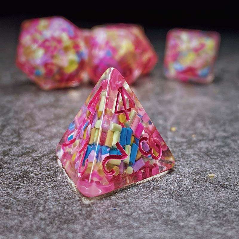 Sage's Cantrips - Transparent Sprinkles Pink Ink Polyhedral Dice Set - Sage's PortalResin Dice Set