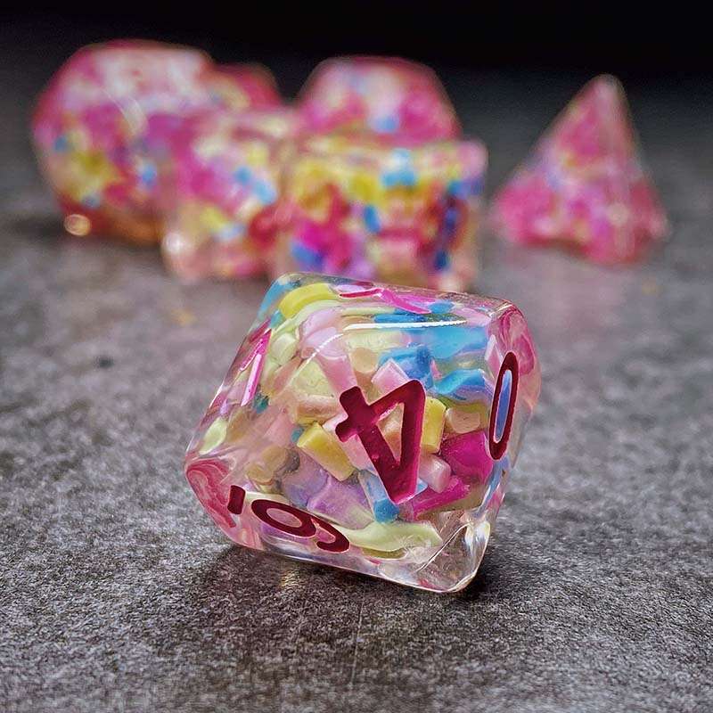 Sage's Cantrips - Transparent Sprinkles Pink Ink Polyhedral Dice Set - Sage's PortalResin Dice Set