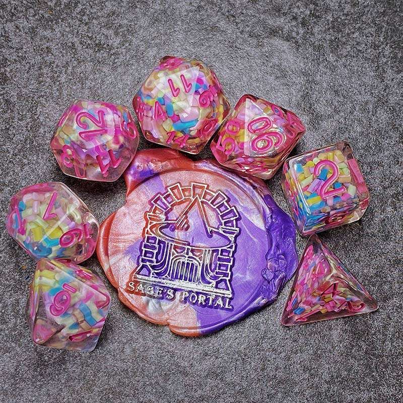 Sage's Cantrips - Transparent Sprinkles Pink Ink Polyhedral Dice Set - Sage's PortalResin Dice Set