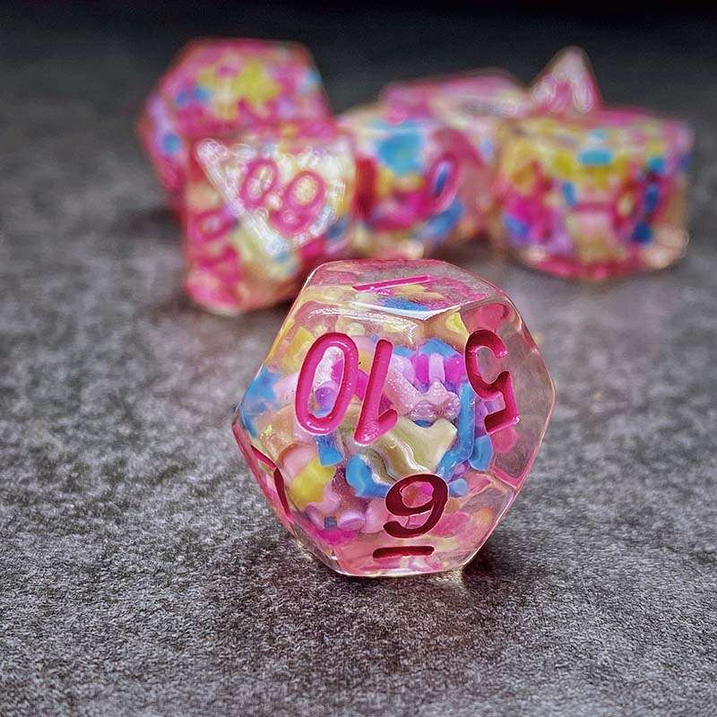Sage's Cantrips - Transparent Sprinkles Pink Ink Polyhedral Dice Set - Sage's PortalResin Dice Set