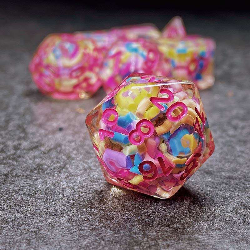 Sage's Cantrips - Transparent Sprinkles Pink Ink Polyhedral Dice Set - Sage's PortalResin Dice Set