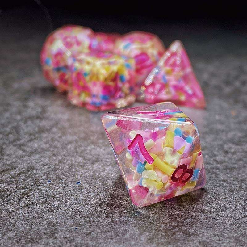 Sage's Cantrips - Transparent Sprinkles Pink Ink Polyhedral Dice Set - Sage's PortalResin Dice Set