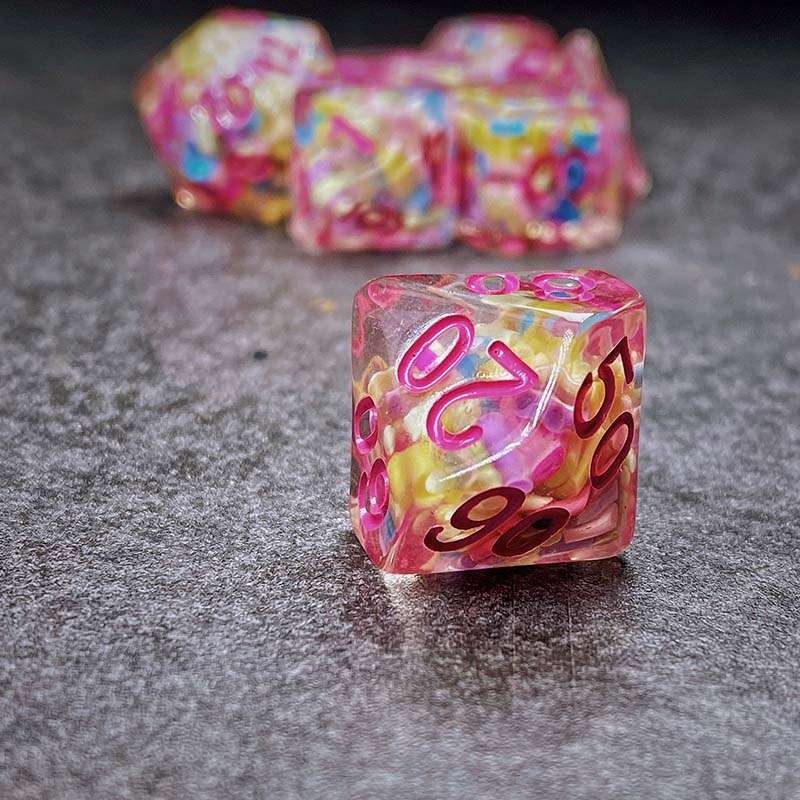 Sage's Cantrips - Transparent Sprinkles Pink Ink Polyhedral Dice Set - Sage's PortalResin Dice Set