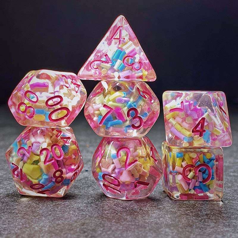 Sage's Cantrips - Transparent Sprinkles Pink Ink Polyhedral Dice Set - Sage's PortalResin Dice Set