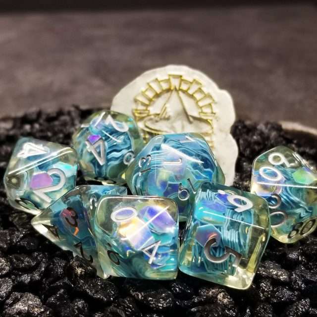 Sage’s Cantrips - Unbound Creation Aquamarine Resin Polyhedral Dice Set - Sage's PortalResin Dice Set