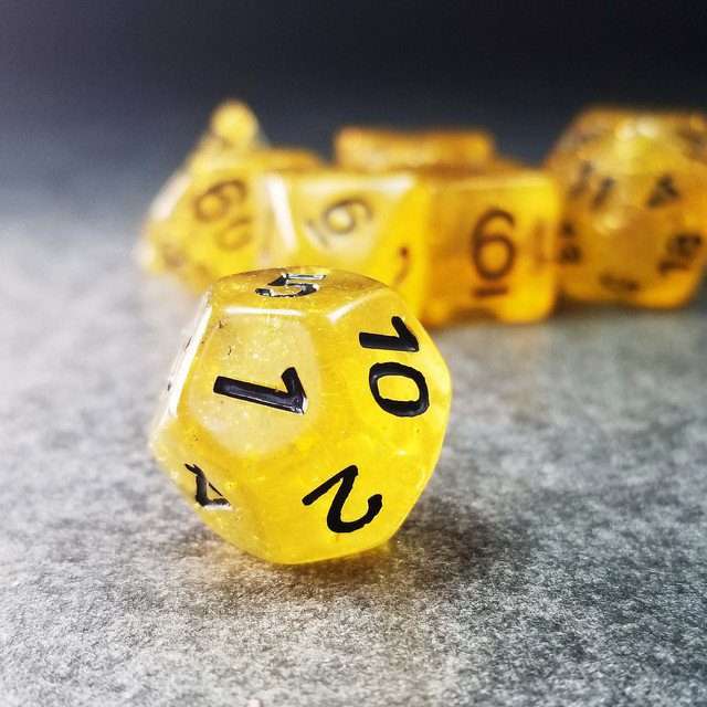 Sage’s Cantrips - Yellow Glitter Gold Flakes Resin Polyhedral Dice Set - Sage's PortalResin Dice Set